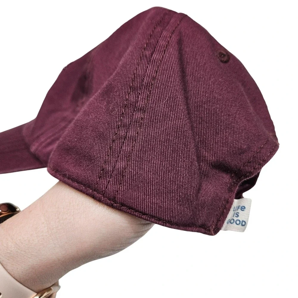Life Is Good Cotton Baseball Cap With Quote Stop & Smell The Campfire Burgundy A - Picture 8 of 12